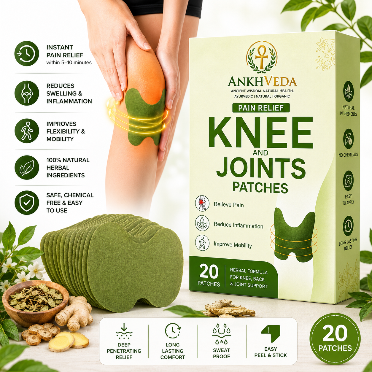 Ankhveda Knee Pain Relief Patch – Original & Organic Instant Joint Pain Relief (20 Patches)
